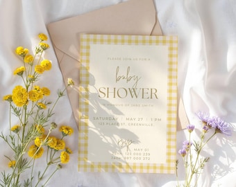 Zaproszenie na baby shower w żółtą kratkę | Edytowalny szablon Canva (do pobrania cyfrowego)