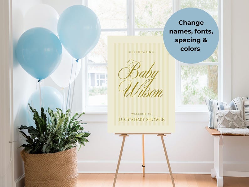 Elegant yellow stripe baby shower sign canva template, shown on a wooden easel surrounded by party decor — ideal for boy, girl, or gender-neutral showers.