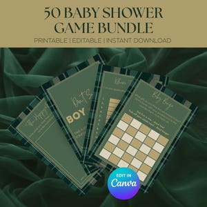 50 Preppy Plaid Baby Shower Games Bundle | Hunter Green Plaid Canva Templates | Equestrian Polo Themed Baby Shower | Editable & Printable
