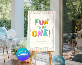Fun To Be One Birthday Willkommensschild: Bearbeitbare Regenbogenparty (druckbar)