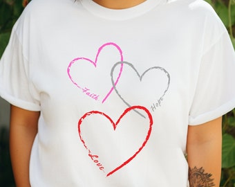 Love, Faith, Hope heart graphic tee , Inspiring message, stylish design, perfect gift item, top seller on Etsy, womens fashion T shirt