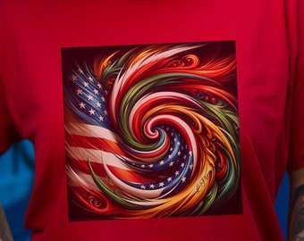 Dynamic American/African flag swirl T-shirt, patriotic abstract art, July 4th fashion, USA pride tee, bestseller, unique gift for him or her