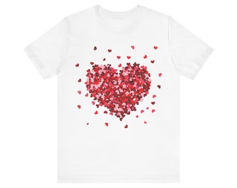 Romantic heart T-shirt, cascade of red hearts, love symbol top, perfect Valentine’s gift, trending Etsy fashion, chic romantic wear