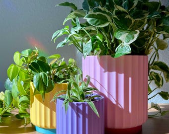 Color Pop Rainbow Planter Trio: 3D Printed Colorful Plant Pot Set - Fun Retro Fluted Planters