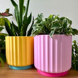 May include: Two cylindrical planters, one yellow and one pink, with vertical ribbed detailing. The yellow planter sits on a turquoise base, while the pink planter rests on a magenta base. Green plants are visible in the planters and in the background.