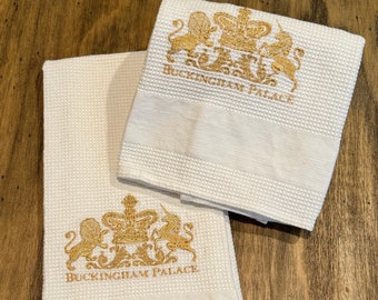 Vintage Royal Collection Buckingham Palace 100 % Cotton Kitchen Tea Towels - Set of 2 Fancy White with Gold Embroidered Crown - Waffle Weave