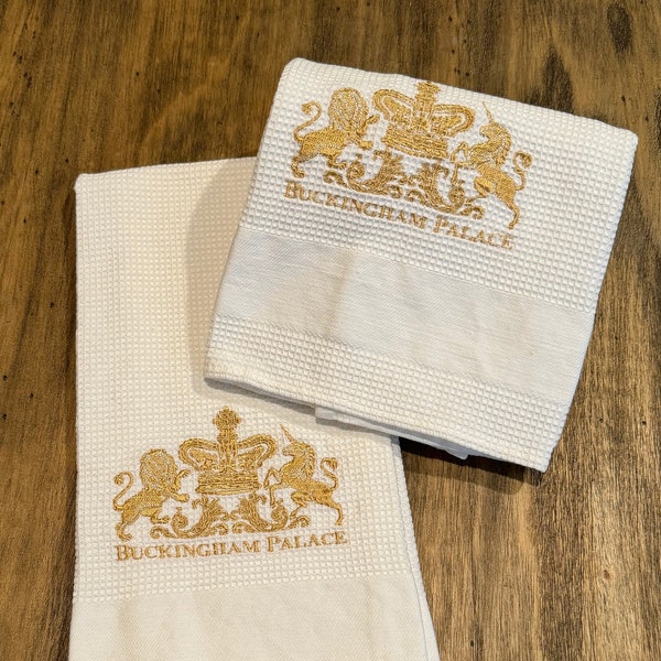 Vintage Royal Collection Buckingham Palace 100 % Cotton Kitchen Tea Towels - Set of 2 Fancy White with Gold Embroidered Crown - Waffle Weave