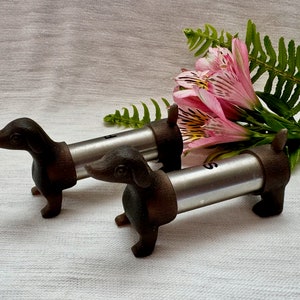 Dachshund Salt And Pepper Shakers - Weiner Dog Salt And Pepper Set - Dog Lover Salt and Pepper - MCM style modern steel with rubber design