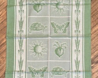 Vintage St Roch France 100 % Cotton Kitchen Tea Towel - Green Garden Art Wall Hanging Decor - Turtle Butterfly Sun Plants - New 19 x 29"