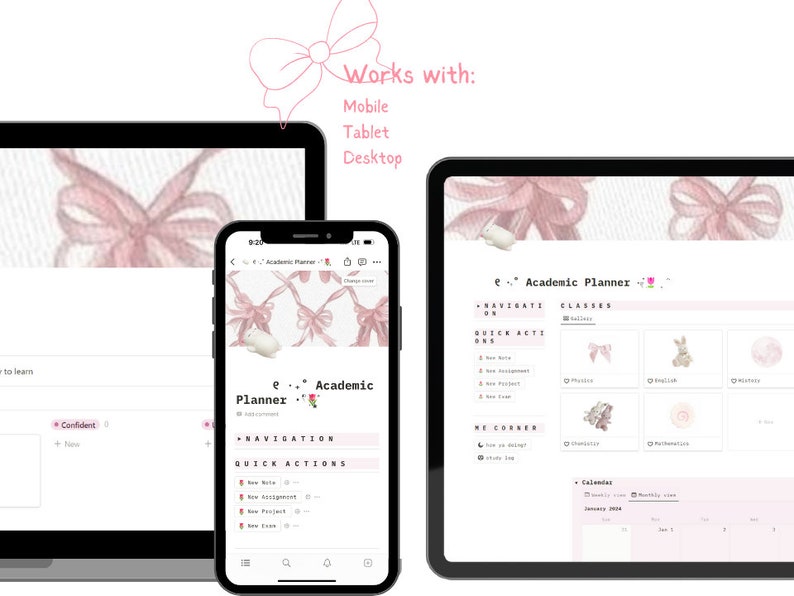 Aesthetic Pink Coquette Notion Template, Student Planner, Academic