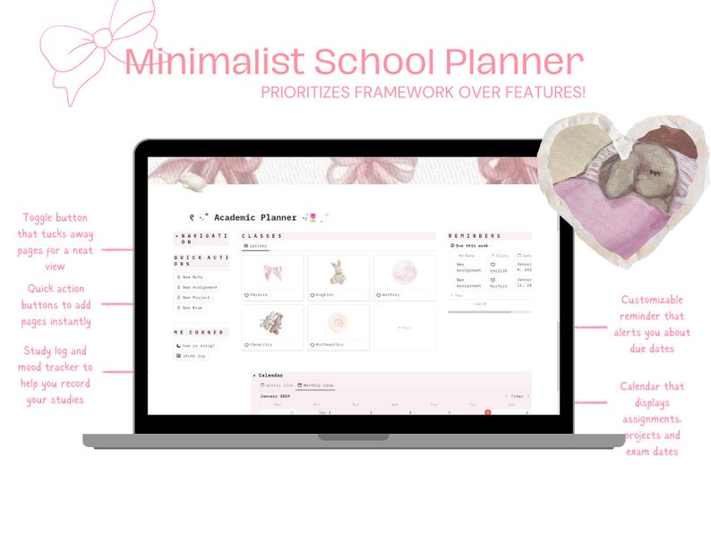 Aesthetic Pink Coquette Notion Template, Student Planner, Academic