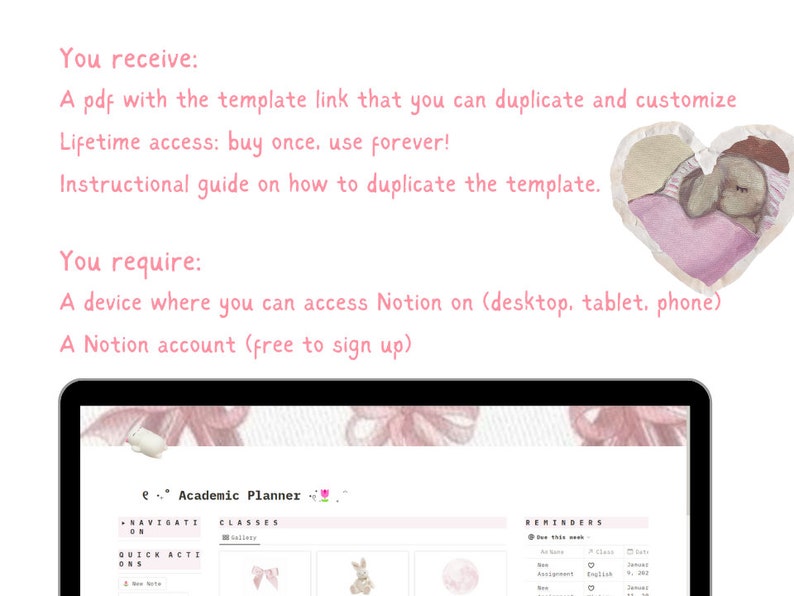 Aesthetic Pink Coquette Notion Template, Student Planner, Academic