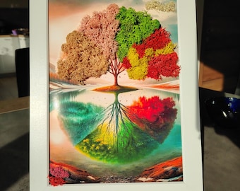 Handgemachter vier Jahreszeiten Baum des Lebens Wandbild - Bunte Spiegelung
