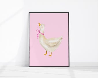 Silly Goose Wall Art, Cute Goose Poster, Pink Girly Decor, Farm Animal Printable Art, Pink Coquette Room Decor, Pink Girl's Room Goose Print