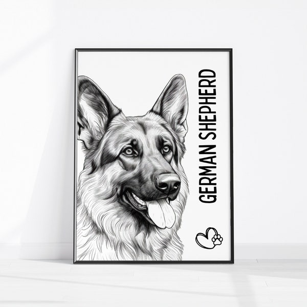 Alsatian Dog Gift, German Shepherd Wall Art, Printable Alsatian Sketch, Dog Lover Gift, Instant Download, Pet Home Décor, Animal Lover Print