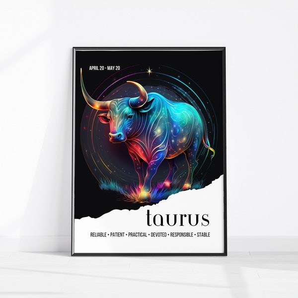 TAURUS Zodiac Print, Taurus Poster Spiritual Décor, Zodiac Printable Art, Fantasy Taurus Print, Sublimation Bull Print, Digital Download Art
