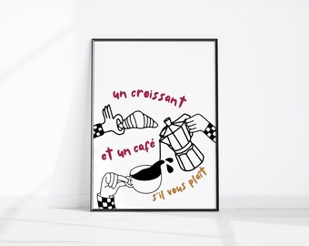 Croissant en koffie muur kunst hand getrokken Frans ontbijt print esthetische keuken decor trendy mokka pot print retro ontbijt afdrukbare kunst