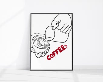 Coffee Pour Print Poster, Coffee Poster, Line Art Coffee Print Kitchen Decor, Espresso Poster, Kitchen Wall Art, Coffee Lover Printable Gift