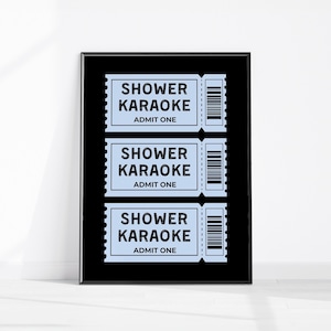 Shower Karaoke Ticket Print, Bathroom Retro Black Blue Aesthetic Shower Singing Funny Wall Art, Vintage Trendy Home Decor Digital Download