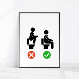 May include: A framed print showing stick figures illustrating proper and improper toilet posture. The incorrect posture is marked with a red cross, and the correct posture is marked with a green tick.