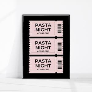 Pasta Night Wall Art, Printable Retro Ticket Wall Decor, Pasta Lover Art Print, Trendy Pink Kitchen Poster, Kitchen Spaghetti Food Wall Art