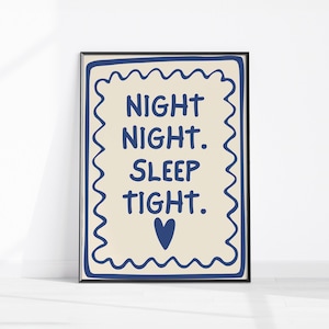 Night Night Sleep Tight Printable Art, Bedtime Poster, Goodnight Above Bed Wall Art, Neutral Navy Beige Bedroom Decor, Trendy Bedroom Print