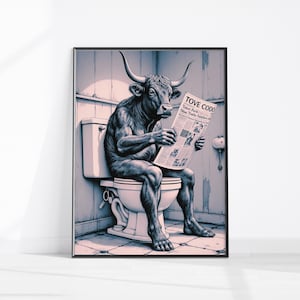 Highland Cow Sitting on the Toilet Reading a Newspaper, Funny Bathroom Wall Décor, Funny Animal Print, Home Printables Digital Download Art