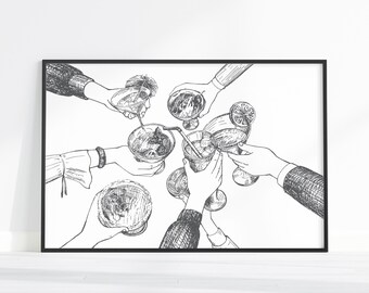 May include: Black and white illustration of a framed print featuring a celebratory toast. Several hands are raised, holding various cocktail glasses. The artwork is a detailed sketch, with visible textures and shading, set against a white background.