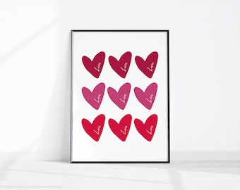 Hjärtan-poster, rosa flickvänlig väggkonst, romantisk väggdekor, hjärttryck, rosa preppy väggdekor, utskrivbar konst med röda alla hjärtans dag-motiv, trendig rumskonst