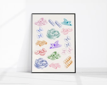 Pastaillustration utskrivbar väggkonst kökspastatryck bohemisk italiensk matposter flickaktigt pastadekor pastaälskare present trendig matsalkonst