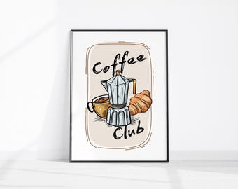 Retro Kitchen Printable Wall Art Coffee Print Poster Coffee Croissant Print Vintage Wall Decor Cafe Coffee Club Print Cafe Art Dining Room
