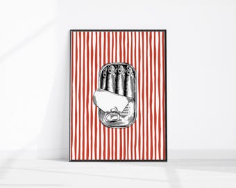 Stampa artistica di scatolette di sardine, arte retrò con lattine di cibo, stampa vintage di pesci, poster di tendenza con frutti di mare mediterranei, decorazione murale per cucina a strisce rosse, arte con pesci