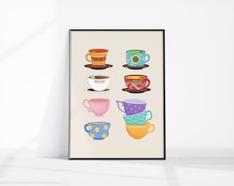 Impresión de taza de té, póster de desayuno, arte imprimible de café, arte de pared de cocina único, decoración de cafetería de moda, tazas de café retro, arte de cocina boho