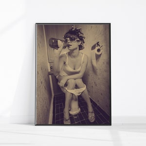 Drinking in the Bathroom Wall Print, Bathroom Decor, Bathroom Accessories, Black Bathroom Art, Funny Bathroom Poster Girl Drinking on Toilet