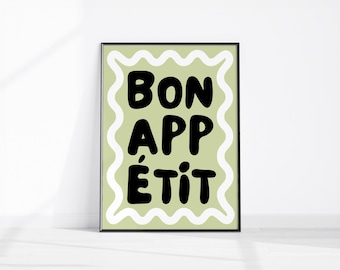 Póster Bon Appétit, impresión moderna de mediados de siglo, arte de pared para cocina, póster con cita francesa Bon Appétit, impresión tipográfica llamativa, cocina original imprimible