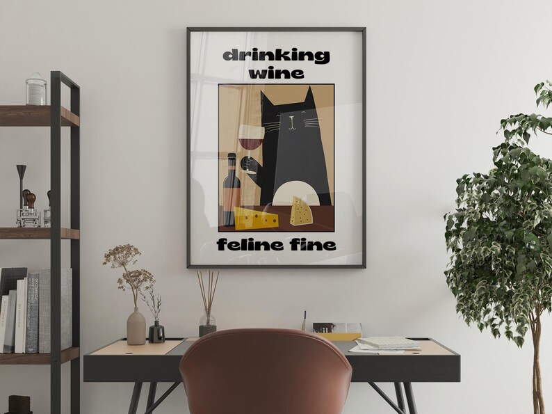 Cat Wine Funny Poster Vintage Art Print Drinking Wine Feline Fine ...