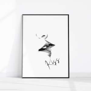 Impresión de pareja besándose, impresión de beso de labios, arte de beso, regalo de aniversario, dibujo de pareja besándose, decoración sobre la cama, arte de pared imprimible, descarga digital