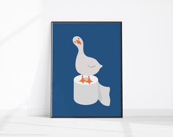 Bathroom Wall Decor, Silly Goose Bathroom Art Print, Toilet Paper Poster Kids Bathroom, Navy Blue Nursery Decor, Toilet Art, Funny Art Print