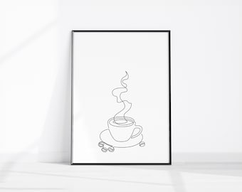 コーヒーのワンラインウォールアート、コーヒーのウォールアート、ミニマルなコーヒープリント、コーヒーショップアート、モダンなコーヒーポスター、デジタルダウンロード印刷可能なアートデコレーション