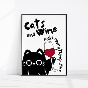 Cats and Wine Kitchen Print, Quirky Kitchen Decor, Retro Kitchen Poster, Dining Room Wall Art Housewarming Gift, Bar Cart Art Fun Home Decor