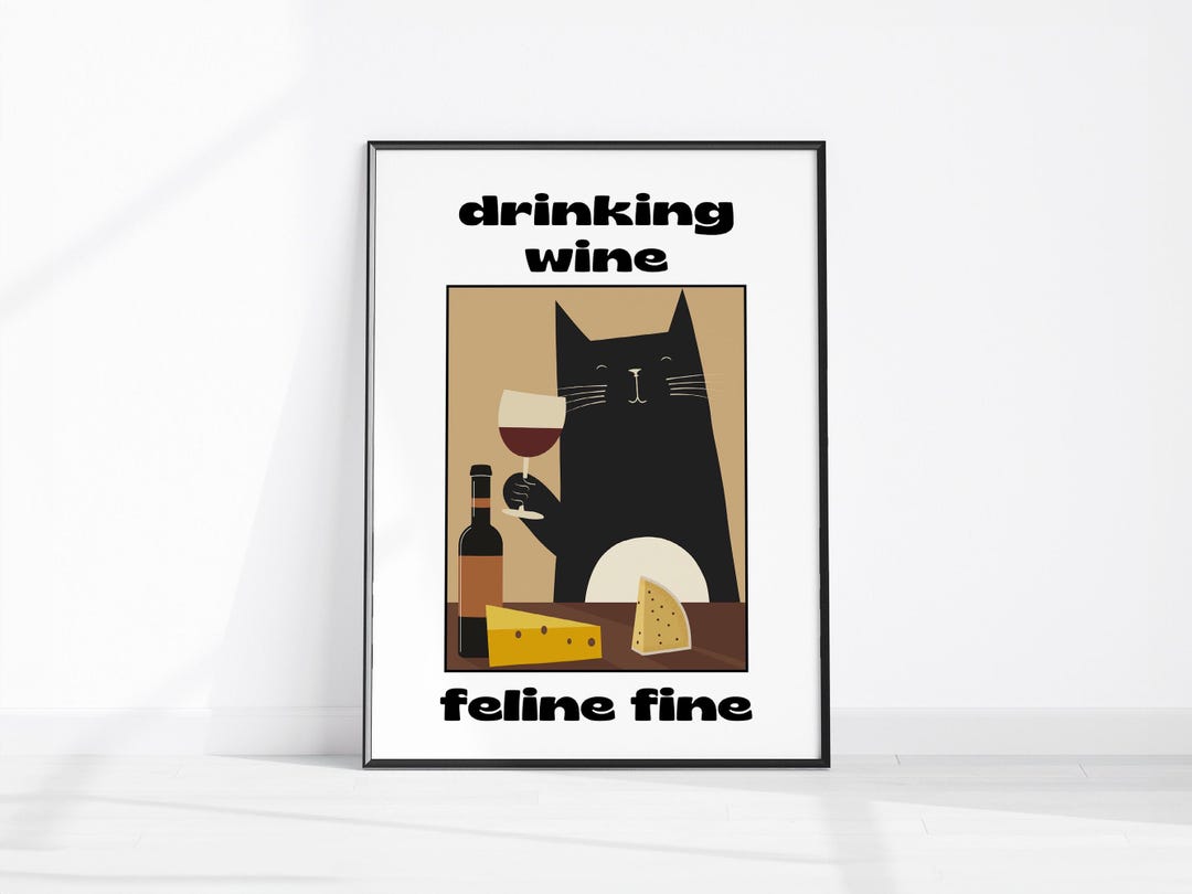 Cat Wine Funny Poster Vintage Art Print Drinking Wine Feline Fine ...