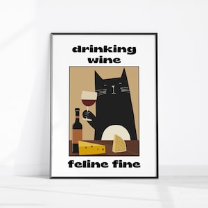 Cat Wine Funny Poster Vintage Art Print Drinking Wine Feline Fine Animal Print Drinking Cat Wall Art Retro Kitchen Wall Art Cat Lover Poster