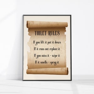 Funny Toilet Rules Printable Wall Art, Above Toilet Loo Sign, Fun Bathroom Decor, Instant Digital Download Print, If You Lift It Put It Down