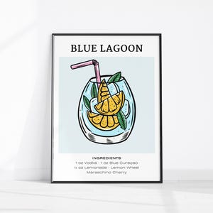 BLUE LAGOON Art Printable Bar Cart Decor Cocktail Poster Party Signature Drink Sign Trendy Wall Art Minimalist Elegant Sophisticated Retro
