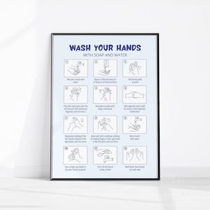 How To Wash Your Hands Printable Poster, Step By Step Hand Washing Guide, Hand Washing Instructions, Handwashing Print Bathroom Hygiene Sign