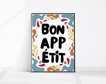 Bon Appetit Print, Küchen Wandkunst, trendiges französisches Zitat, auffällige Typografie, Esszimmer Poster, modernes Wohndekor, bunte Küchenkunst