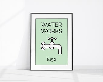 Water Works Monopoly Bathroom Print, Quirky Bathroom Decor, Funny Bathroom Print, Cloakroom Printable Wall Art, Waterworks 150 Fun Loo Art