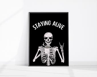 Skeleton Drinking Coffee Printable Art, Staying Alive Funny Skeleton Coffee Print, Trendy Coffee Wall Art, Aesthetic Kitchen Poster Download