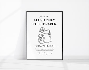 Cute Flush Only Toilet Paper Printable Bathroom Sign, Many Sizes, Sensitive Plumbing, Do Not Flush Sanitary Items, Septic System Protection