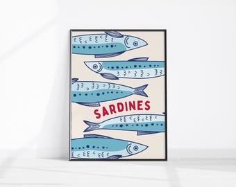 Impresión de sardinas, arte de pared retro de sardinas, impresión de peces, arte de pared ecléctico, póster maximalista, lata de sardinas, decoración de pared vintage, arte de cocina colorido